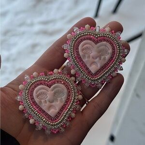 Heart-Shaped Pink and Silver Beaded Earrings
